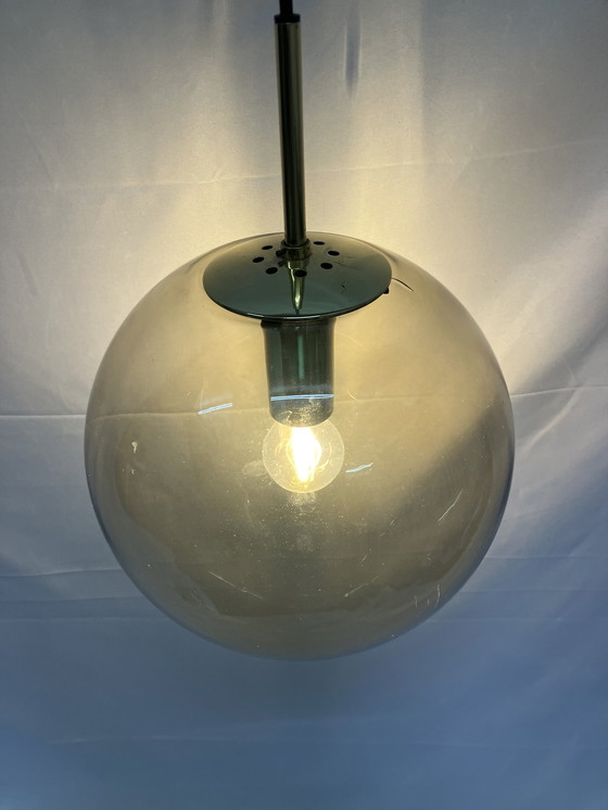 Image 1 of Lampada a sospensione vintage in ottone e vetro fumé, Limburg Glashütte, 1970
