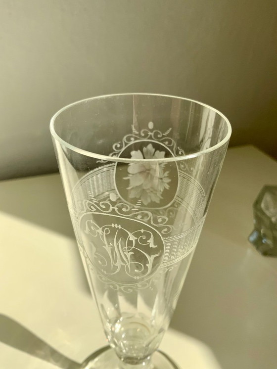 Image 1 of Bicchiere da vino/champagne in cristallo antico inciso a mano - Monogrammato - Circa 1900