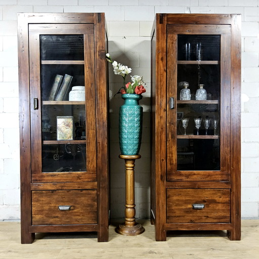 2x Kolonialstil-Vitrinenschrank aus Holz mit Schublade / Porzellanschrank / Bücherregal / Barschrank