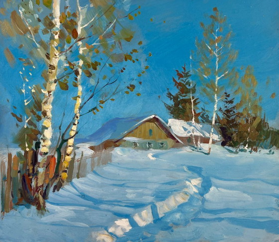Image 1 of Peinture à l'huile originale représentant une maison enneigée dans un paysage où vit un conte de fées hivernal.