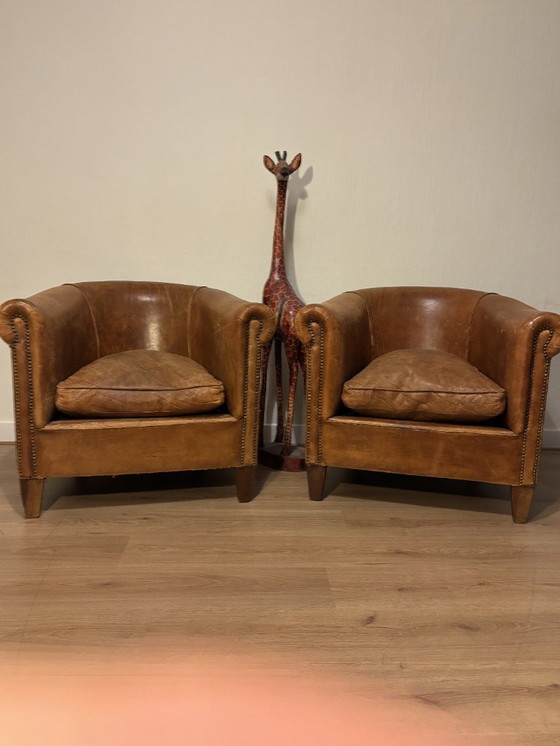 Image 1 of Set of 2 Vintage Cognac Club Armchairs Design Dutch Leather