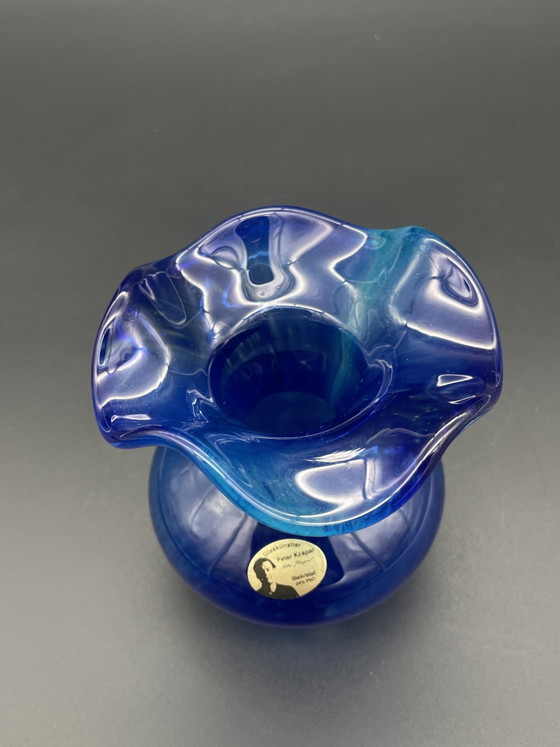 Compact art glass vase by Peter Kaspar made of blue lead crystal. (photo 2 of 6)