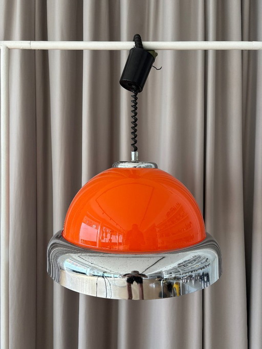 Vintage hanglamp uit 1973 in Space Age-stijl, oranje – chroom en acryl – hanglampen, Plastic