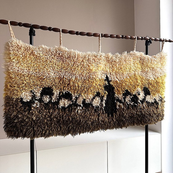 Image 1 of Vintage Wandteppich . Leibfried Rya Color . 70er . Mid Century . Handgearbeitet . Wolle . Hirte . Schafe . Befestigungsstab Holz