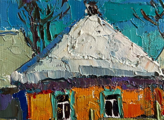 Image 1 of Original Oil Painting Winter Houses Landscape Frosty morning in the village