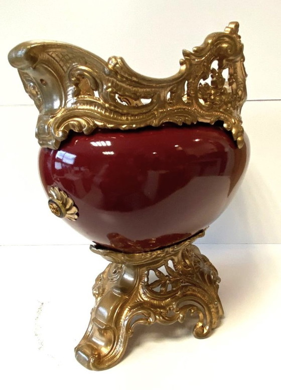 Image 1 of Antieke Napoleon III faience vergulde metalen plantenbak/tafelstuk