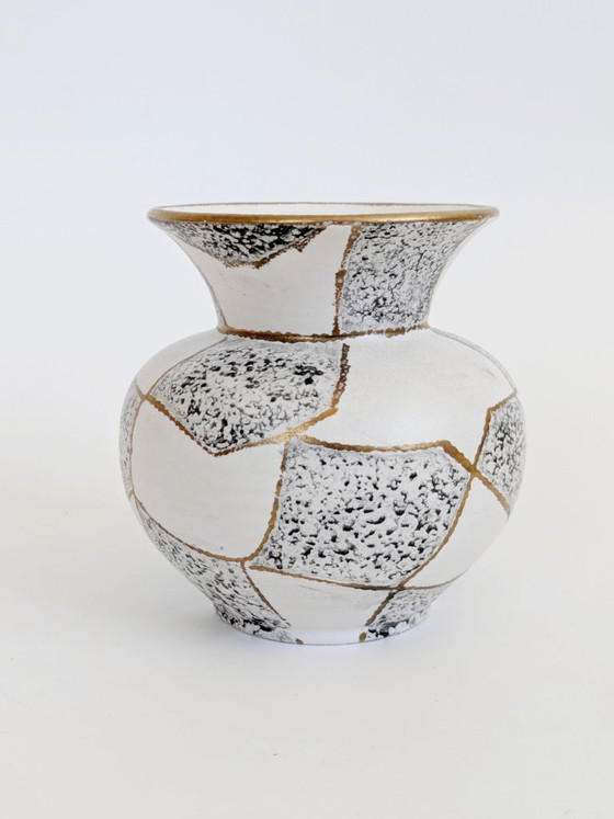 Image 1 of Midcentury Ü-Keramik Vase 1960s West German Pottery, Black and White Geometric Decor Gold Rim