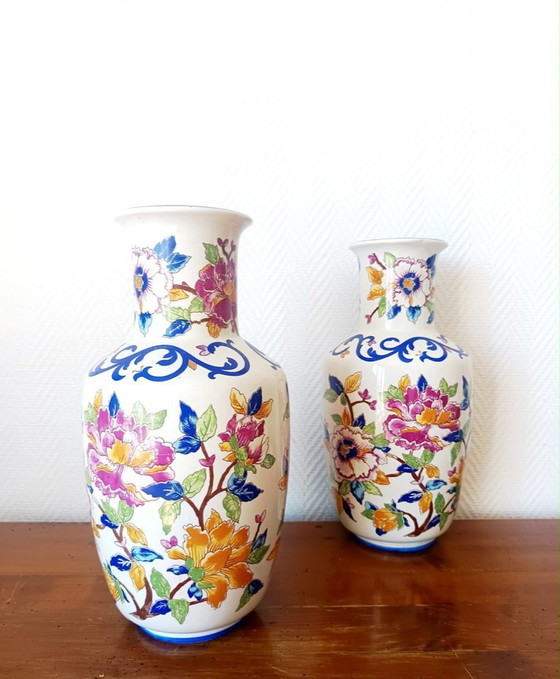 Image 1 of 2x baluster vases with peonies