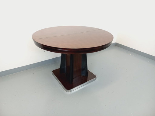 Vintage ebony and chrome metal round dining table in Space Age / 70s Diner style with integrated extension