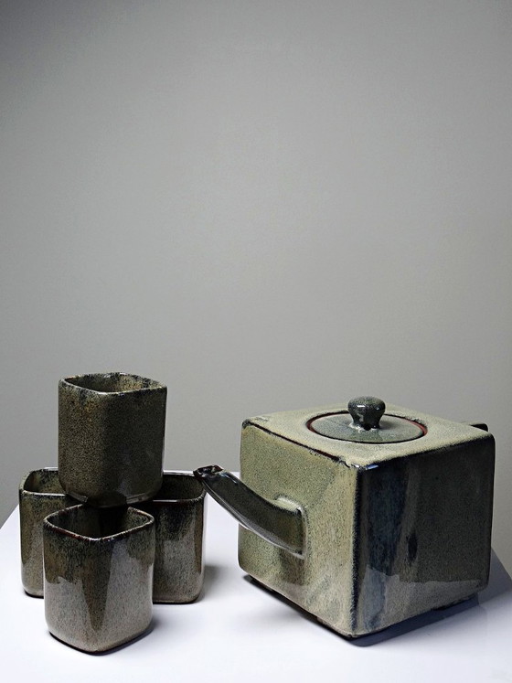 Image 1 of Chinese glazed earthenware tea set, teapot and 4 cups, 1980s