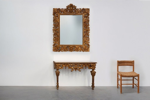 20e siècle Console murale italienne de style baroque, dorée et sculptée