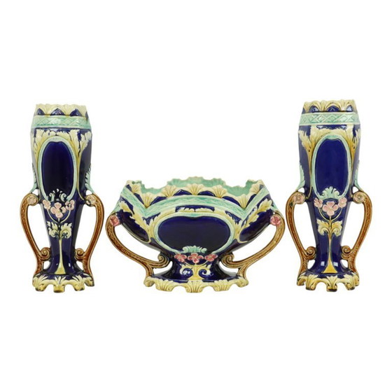 Image 1 of Art Nouveau Barbotine Majolica Vazen Jardinière Set van 3