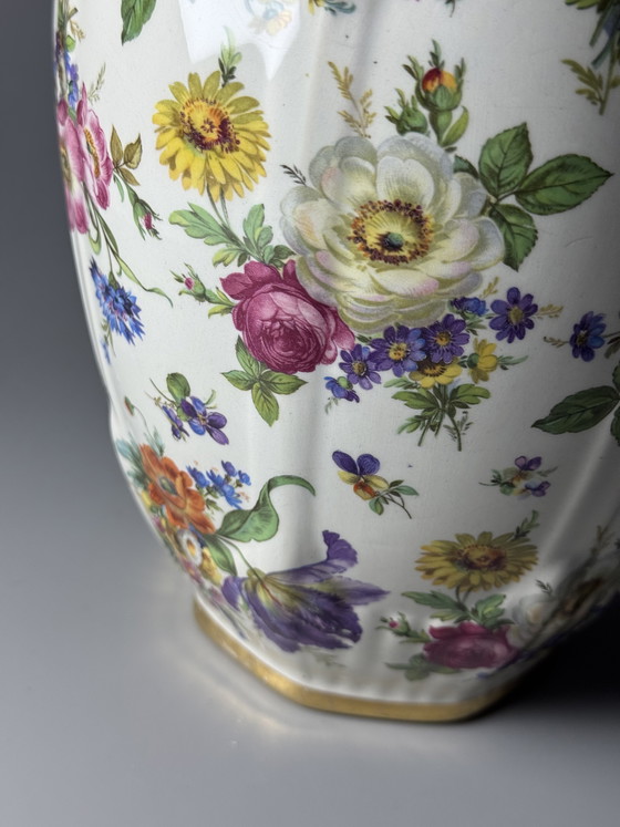 Image 1 of Pot à couvercle Boch Frères La Louvière Keralux – Motif floral « Bouquet de Saxe » – Art déco belge, années 1930/1940
