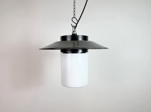 Industrial Grey Enamel Pendant Lamp with Milk Glass, 1960s