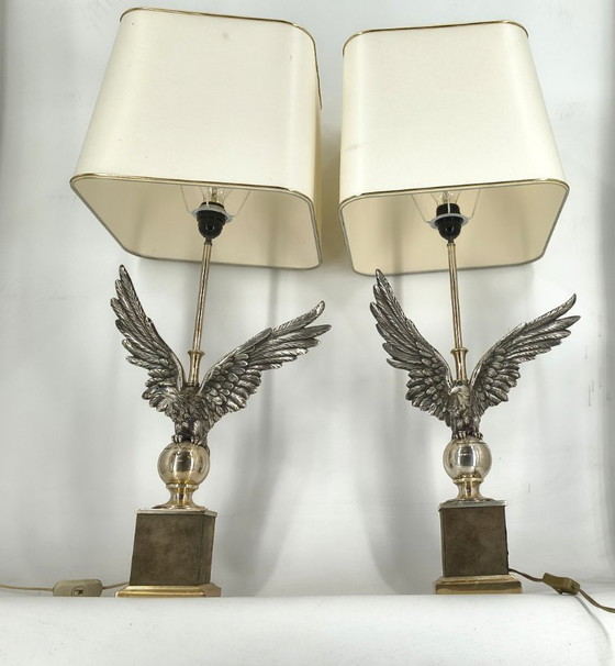 Image 1 of Een paar nikkelen adelaartafellampen van Loevsky en Loevsky, jaren 70.
