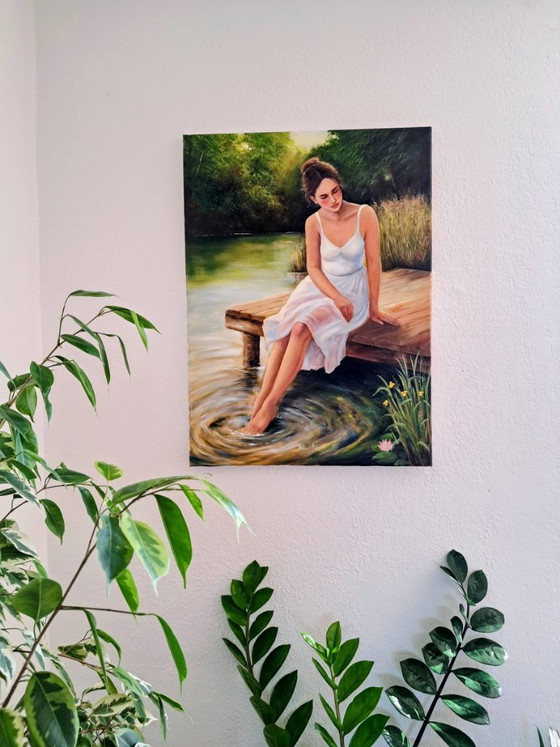 David KANDELAKI - Woman sitting on the pier - Artist's Painting, Paintings & Drawings, Canvas, Other, Green (photo 9 of 11)
