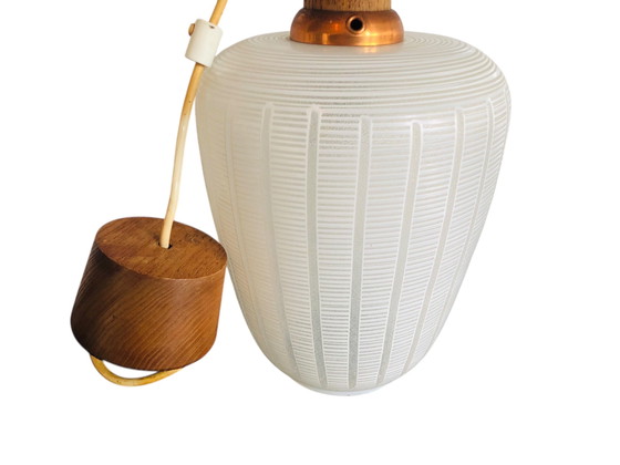 Image 1 of Vintage retro hanglamp van glas en teak hout jaren 60 design 