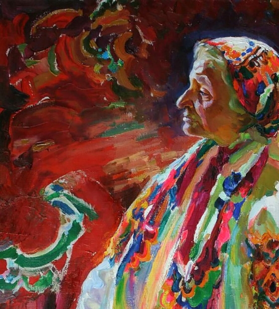 Origineel olieverfschilderij: Portret van een oude vrouw in traditionele feestkleding. (photo 2 of 5)