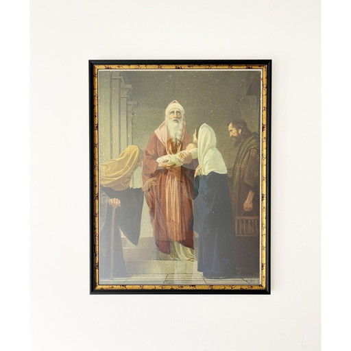 Grabado cristiano alemán antiguo "Simeón, la presentación de Jesús", década de 1930