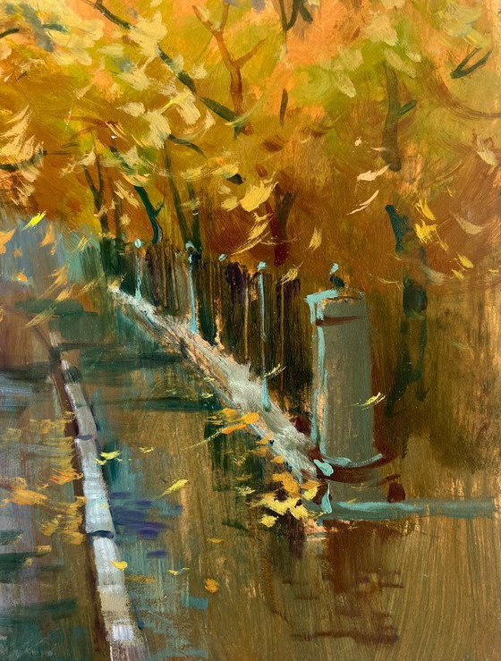 Image 1 of Original Oil Painting Autumn City Landscape The rustle of leaves underfoot