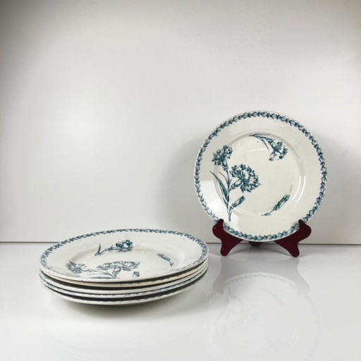 Lot de 6 assiettes plates modèle "Oeillet", KG Lunéville, terre de fer, XIXème siècle
