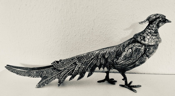 Image 1 of Magnifique paire de faisans en bronze argenté. Vintage - années 1950.