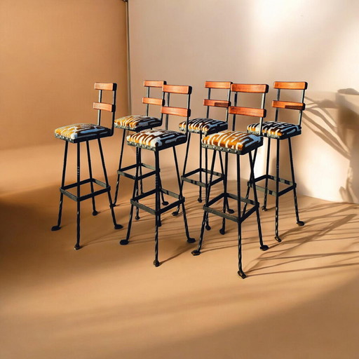 6 1970s Brutalist Barstools in Steel and teak 