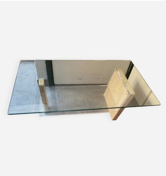 Image 1 of 70s glass and travertine coffee table