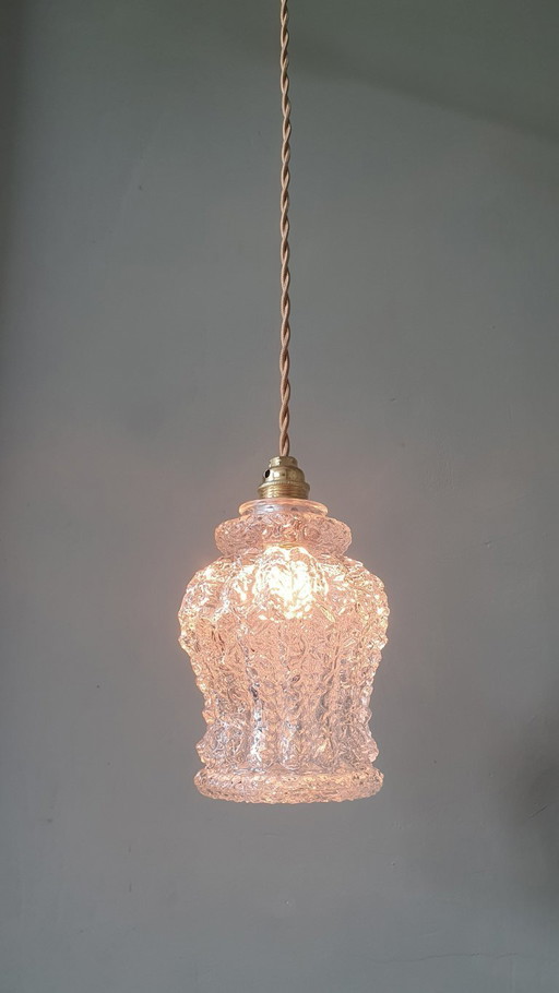 Vintage hanglamp van dik, getextureerd glas. Duitsland Mid Century