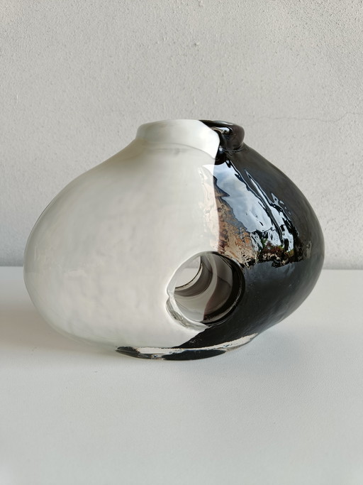 Sculptural Murano Style Glass Vase Black & White, Attributed to Seguso, Italy 1970s–80s