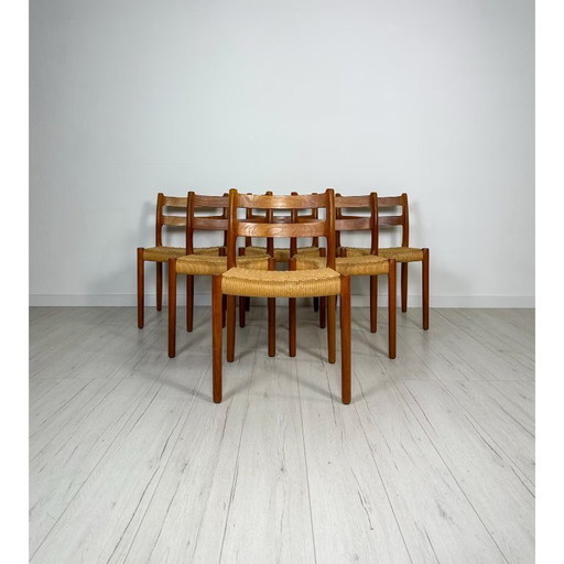6x Chaises de salle à manger danoises en teck et cordon de papier 84 par Niels Møller années 60