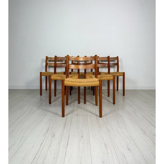 Image 1 of 6x Sedie da pranzo danesi in teak e corda di carta 84 di Niels Møller anni '60