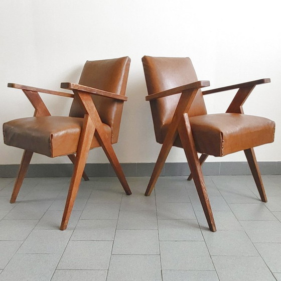 Image 1 of PAIR OF VINTAGE 1950 BRIDGE ARMCHAIRS WITH COMPASS LEGS IN OAK & HAVANA FAUX LEATHER