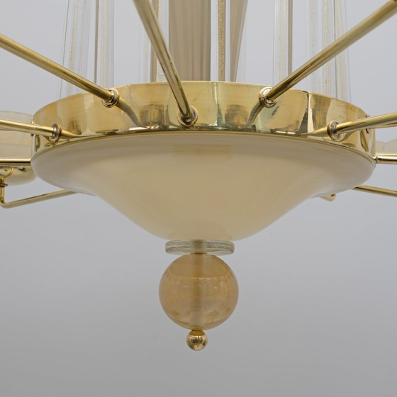 Image 1 of Mid Century Modern Style Messing und Muranoglas Großer Kronleuchter