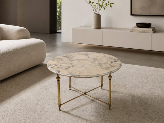 Image 1 of Ronde Marmeren Salontafel met Messing Onderstel