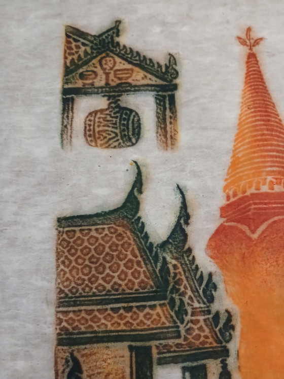 Old large polychrome Thai temple art rubbing on mulberry paper, Art Prints, Wood, Multi Color (photo 3 of 15)