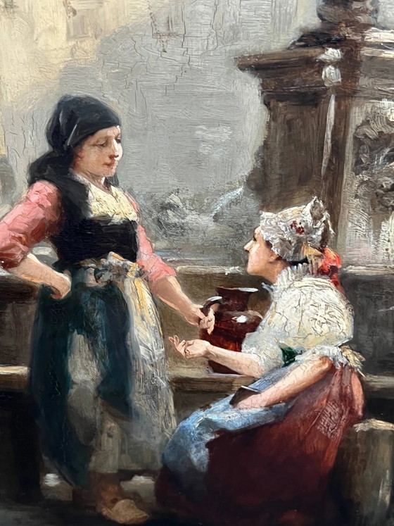 Painting "Girls at the fountain". – Paintings & Drawings, Wood (photo 3 of 8)