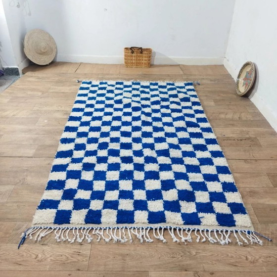 Image 1 of Berberteppich Blau kariert – Naturwolle, handgewebt (240×145 cm)