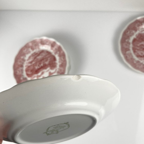 Image 1 of Set van 6 Italiaanse dessertbordjes met een Engels design en een rood patroon.