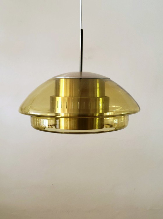 Dijkstra Space Age pendant lamp with amber glass, Netherlands 1970, Dijkstra Lampen, Metal, Yellow (photo 7 of 10)