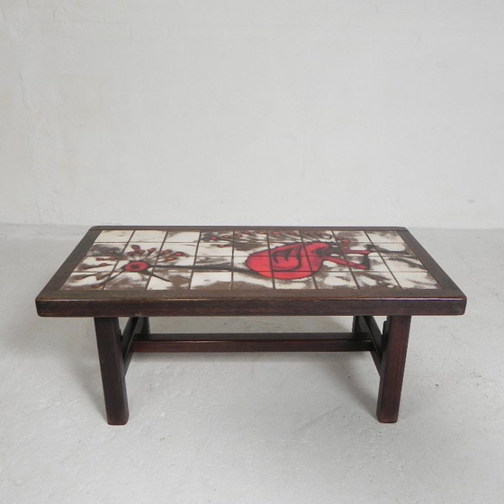 Image 1 of Mesa de azulejos Vallauris, firmada "dan" con la imagen de un pájaro fantástico, década de 1960.