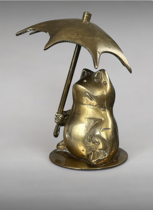 Vintage Frog Under Umbrella Brass Figure