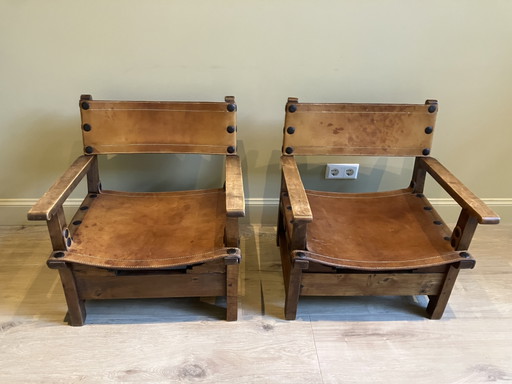 Set van 2 Spaanse brutalistische stoelen – stoelen fauteuils, Leather, Metal (photo 2 of 6)