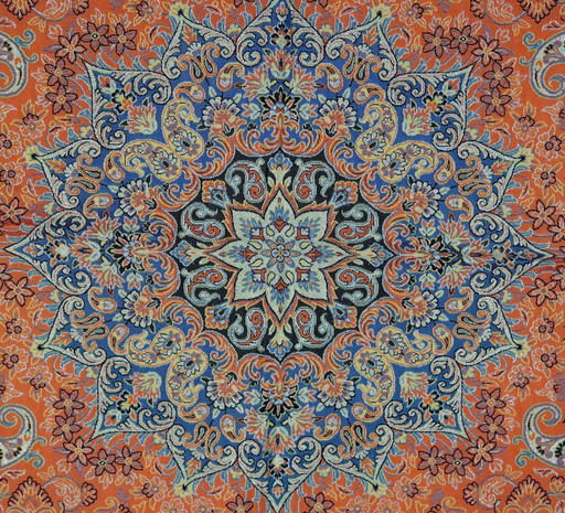 Tovaglia orientale fatta a mano, finemente lavorata con fili di seta, 100 x 100 cm