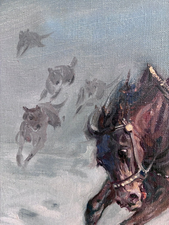 Image 1 of Peinture à l'huile originale vintage représentant un cheval, grande œuvre murale équestre signée
