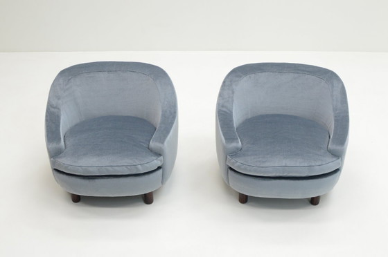 Image 1 of Set of 2 ice blue Mohair lounge chairs, 1950s Italy.