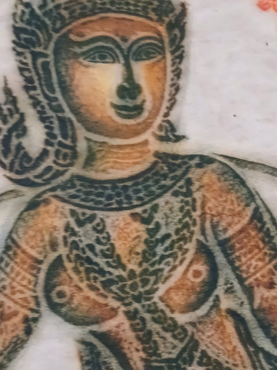Old large polychrome Thai temple art rubbing on mulberry paper, Art Prints, Wood, Multi Color (photo 12 of 15)