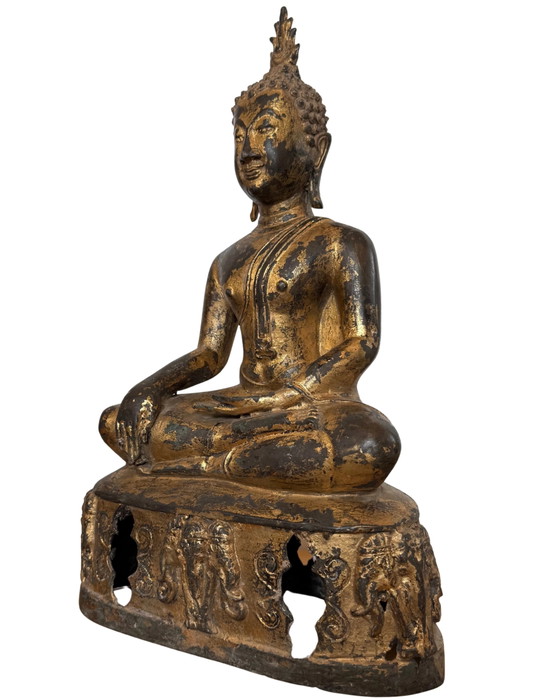 Buddha Lanna del XVIII secolo degno di un museo – Bronzo dorato a fuoco – Base di elefante – 43 cm – Sculture (photo 8 of 9)