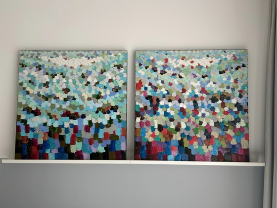 Image 1 of Modern Abstract Acrylverfschilderij (100 x 100) 2 stuks