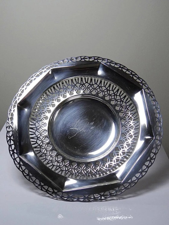 Grote opengewerkte schaal op verzilverde metalen standaard, zilversmederij Dechamps Frères. – Schalen (photo 4 of 15)